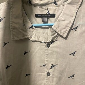 John Varvatos Beige Button-Up Shirt with Navy Bird Print